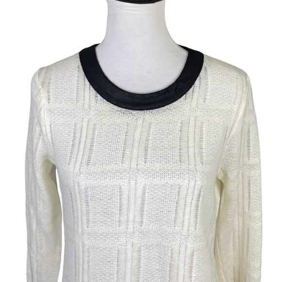 Waverly Grey Cream Thin Open Knit Black Trim Pullover Long Sleeve Sweater - Picture 5 of 11